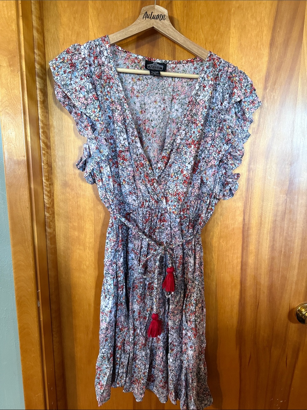 Angie Floral Ruffle Wrap Mini Dress in Red, Blue and White